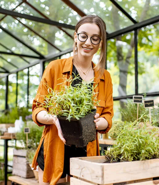Profissional da NR Plantas cuidando de mudas ornamentais no viveiro